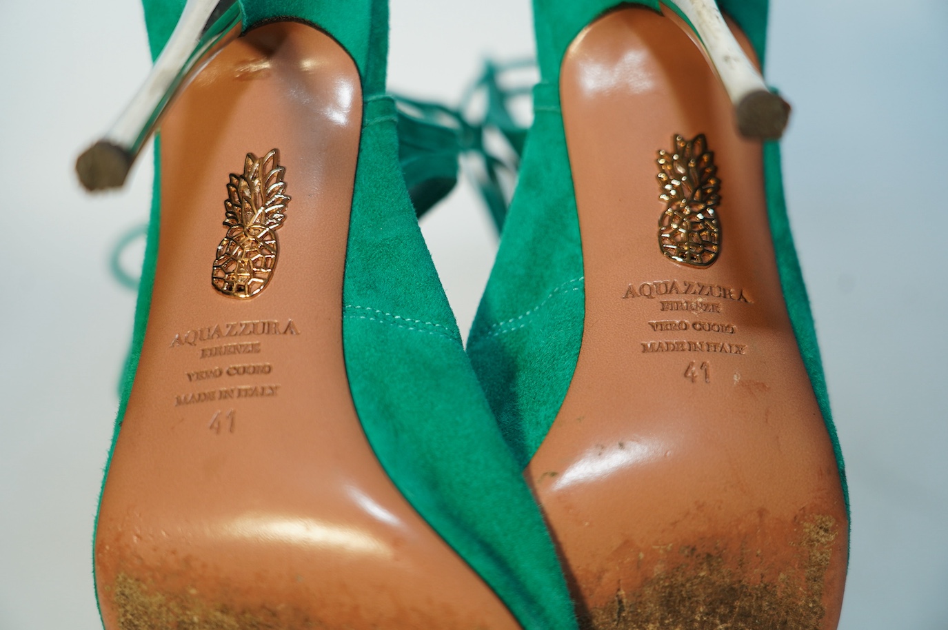 A pair of Aquazzura emerald suede open toe heels, in original box, size 41